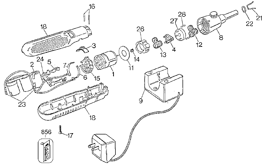Exploded Diagram A Diagram and Parts List for 9038-04 Type 1 Black and Decker Cordless Drill